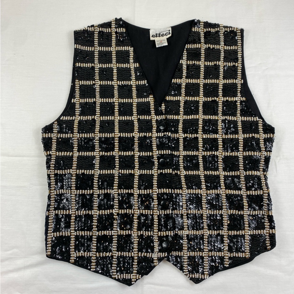 Vintage Women’s Black Sequins Pearl and Gold Beads Windowpane Design Vest Sz M